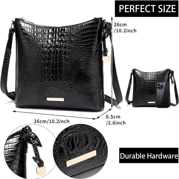 Women Crocodile PU Leather Shoulder Bag Compact Crossbody Purse with Metal Clasp - Picture 2 of 9